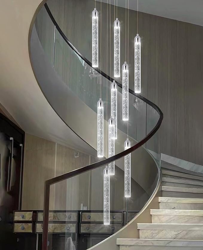 12-Lights Modern Chandeliers for Entryway High Ceiling Chandelier LED Dimmable Long Lights Fixture Pendants Lighting Crystal Chandeliers for Hallway Foyer Living Room Silver Finished Lighting