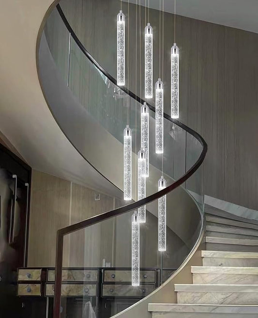 12-Lights Modern Chandeliers for Entryway High Ceiling Chandelier LED Dimmable Long Lights Fixture Pendants Lighting Crystal Chandeliers for Hallway Foyer Living Room Silver Finished Lighting