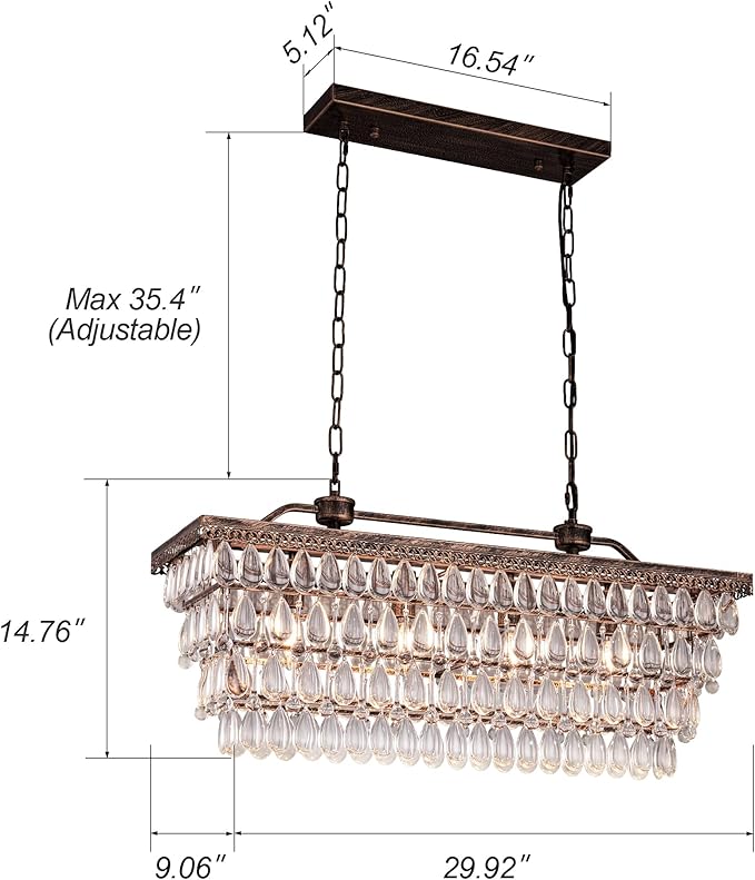 Wellmet Dining Room Crystal Chandelier,30 inch Antique Bronze Rectangle Crystal Ceiling Light,4 Lights Farmhouse Kitchen Island Lighting,Adjustable Hanging Light Fixtures