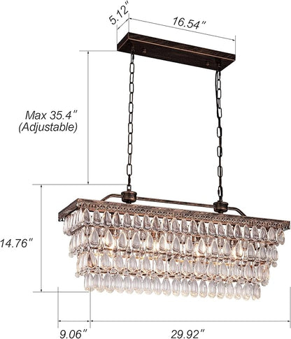 Wellmet Dining Room Crystal Chandelier,30 inch Antique Bronze Rectangle Crystal Ceiling Light,4 Lights Farmhouse Kitchen Island Lighting,Adjustable Hanging Light Fixtures