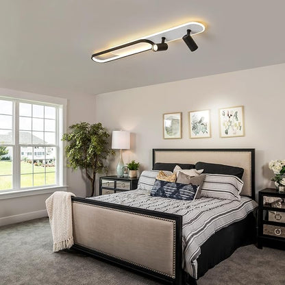 47.24In Modern LED Ceiling Light with 2 Spotlights 60W Black Linear Flush Mount Light Fixture with Remote Dimmable(3000-6000K) Long Kitchen Ceiling lamp for Living Room Bedroom Laundry Room