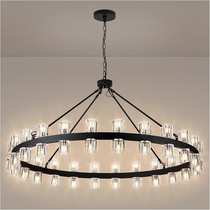 48 Inch Black Crystal Wagon Wheel Chandelier, Modern Farmhouse Round 48-Lights Pendant Lighting Fixture, for High Ceilings Living Room, Bedroom, Foyer