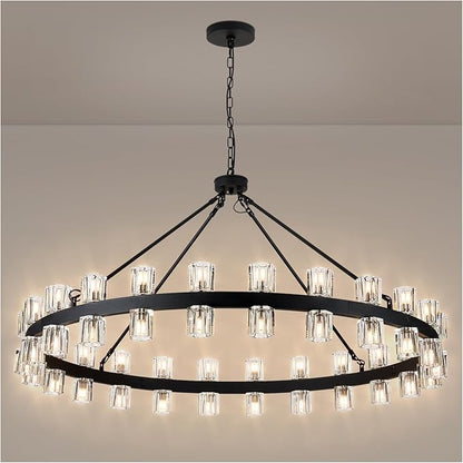 48 Inch Black Crystal Wagon Wheel Chandelier, Modern Farmhouse Round 48-Lights Pendant Lighting Fixture, for High Ceilings Living Room, Bedroom, Foyer