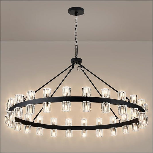 48 Inch Black Crystal Wagon Wheel Chandelier, Modern Farmhouse Round 48-Lights Pendant Lighting Fixture, for High Ceilings Living Room, Bedroom, Foyer
