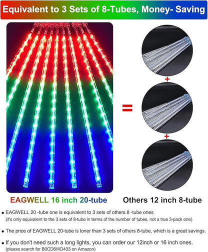 EAGWELL Christmas Lights Outdoor UL Certified Meteor Shower Light 16 Inch 20 Tubes 960 LED Falling Rain Drop Icicle Snow Cascading Lighting for Xmas Tree Wedding Party Garden Decoration, Colorful