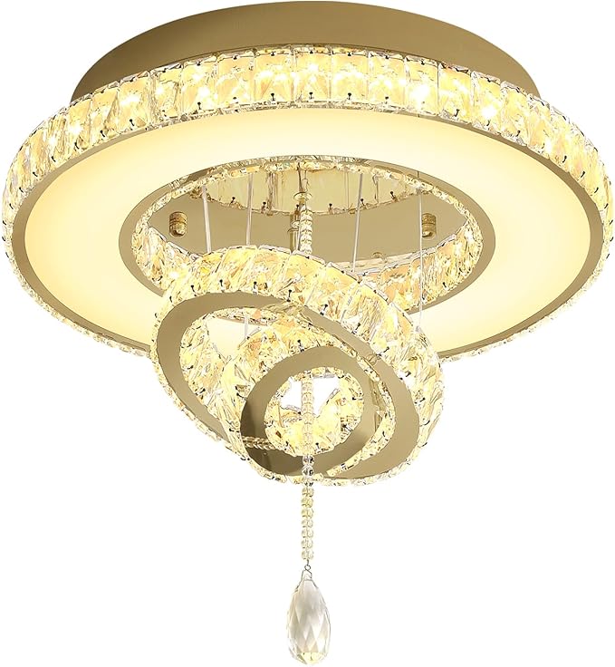 Flashing God Dia 20" Crystal Chandeliers Gold Modern Living Room Chandelier LED Crystal Ceiling Light Flush Mount Chandelier for Bedroom Dining Room Entryway