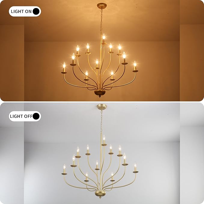 Gold Chandelier 12 Light, Large Painted Gold Light Fixture Modern Suspended Farmhouse Dining Table Candle Brass Chandelier Lighting for Bedroom Hallway Entryway Living Room Kitchen 34in Chandeliers