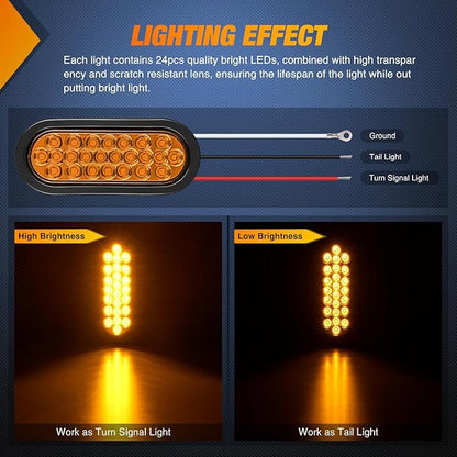 Nilight 6Inch Oval Trailer Tail Light 2PCS Amber 24LED Turn Signal Lights w/Flush Mount Grommets Plugs IP67 Waterproof for 12V Truck ATV UTV Bus RV Camper