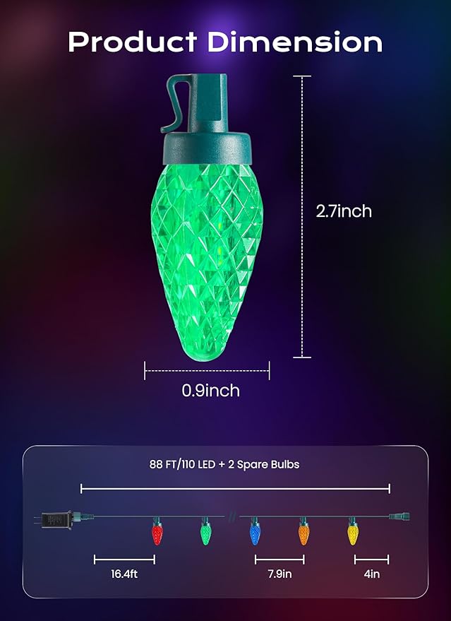 C9 Outdoor Christmas Lights, 72 FT 110 LED C9 String Lights, 8 Modes & Timer Connectable Waterproof for Christmas Tree light Indoor Outdoor Roofline Patio Outside Yard Xmas Decor, Multicolor 2 Pack