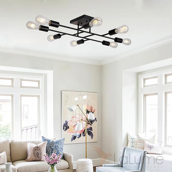 Modern Ceiling Light Semi Flush Mount Light Fixture Mid Century Black Sputnik Chandeliers with 8 Lights Kitchen Light Ceiling for Bedroom Dining Room Living Room Lighting