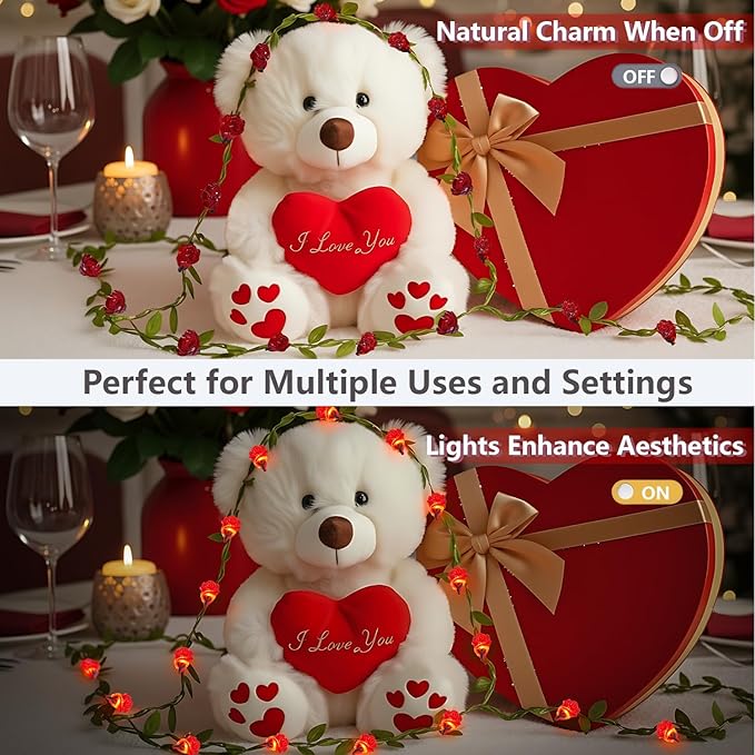 suddus 40 LED Fairy Lights Battery Powered,12.5ft Red Rose Flower String Lights with Remote,Valentine Lights for Wedding,Party,Bedroom,Porch,Table,Stairs,Dorm Decor