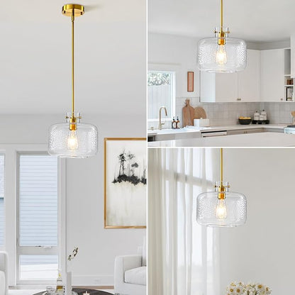 WILON Glass Pendant Lights Kitchen Island, 9.84'' Brass Gold Pendant Lighting Fixtures, Modern Hanging Ceiling Light with Clear Hammered Glass Shade for Farmhouse Dining Room Bedroom Hallway(Brass)