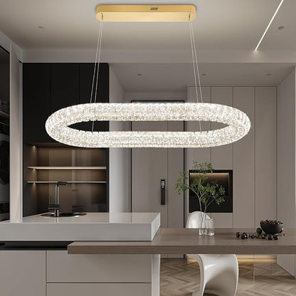 Crystal Ring Chandelierfor Living Room, 40'' Gold Ring Pendant Light for Kitchen Island Modern Dimmable Linear Oval Chandeliers for Dining Room