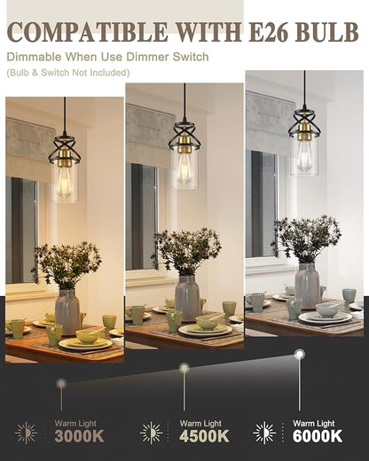 Modern Pendant Light Fixture, Black Gold Farmhouse Hanging Light for Kitchen Island, Industrial Clear Glass Pendant Lighting for Dining Room Bedroom, 3-Pack