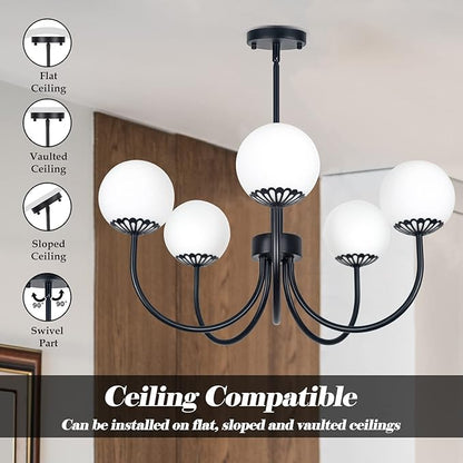 Black Chandelier Pendant Lighting, 5-Light Kitchen Light Fixtures, Mid-Century Modern Large Semi-Flush Ceiling Light Fixture with Frosted Globe Glass for Dining Room Living Room Bedroom Brass
