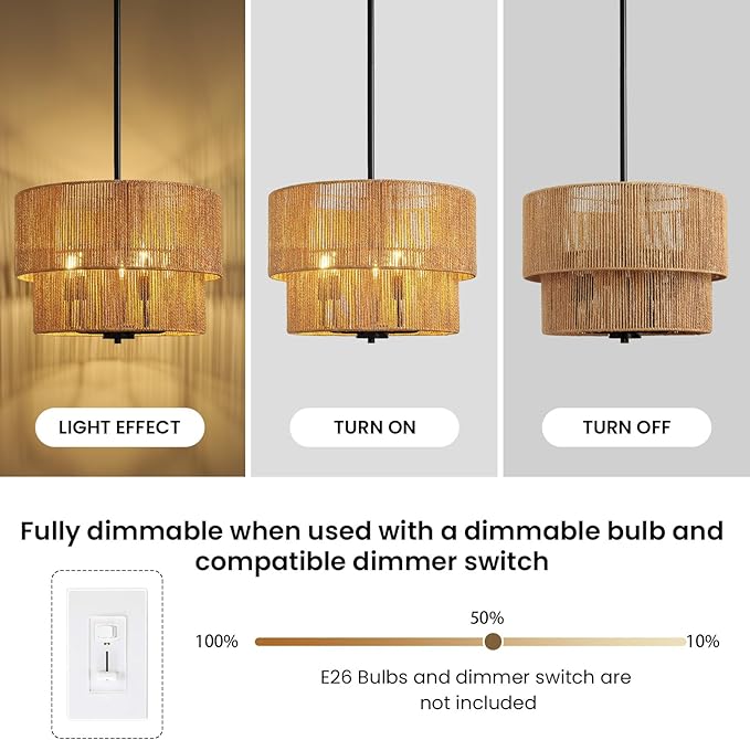 RUIYEY Rattan Chandelier Light Fixtures: 18 inch Boho Large Pendant Lights with Wicker Lampshade, E12 5 Light Height Adjustable Hand Woven Hanging Black Chandeliers for Dining Room Kitchen Living Room