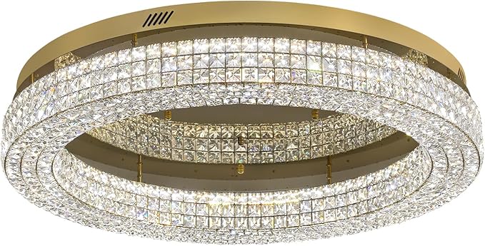 ykolupty 40'' Crystal Chandelier for Living Room Large Chandeliers for Living Room Crystal Flat Mounted Ceiling Lights Dining Room Bedroom Dimmable 2700-6000K (Gold Chandelier)