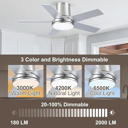 42 Inch Ceiling Fans with Lights and Remote, Flush Mount Nickel Ceiling Fan for Bedroom Living Room Indoor/Outdoor, Quiet 6 Speed Reversible DC Motor, 3CCT, Dual Color 5 Blades, ETL Listed
