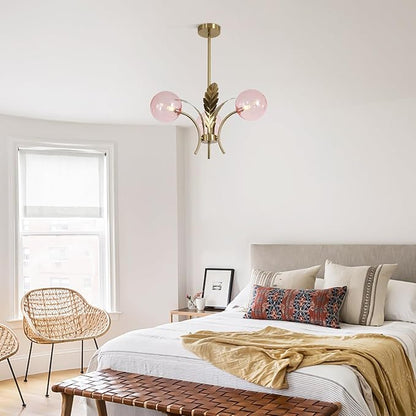 BOKT Pink Gold Sputnik Semi Flush Mount Ceiling Pendant Light Antique Globe Vintage Mid Century Modern Glass Chandelier for Dining Room Bedroom Kitchen Hallway G9 Bulb Included