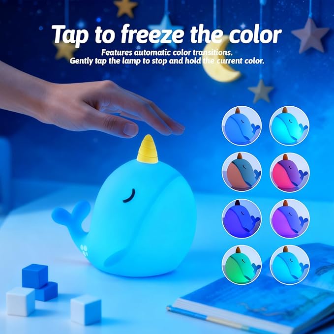 Cute Narwhal Night Light Lamp, 7 Colors Touchable Squishy LED Light, USB Rechargeable Silicone Nursery Whale Night Lamp for Room Decor Birthday Gift for Toddler Women Adult