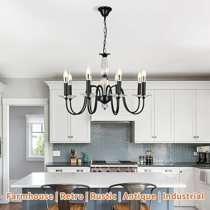 Black Chandelier, 8-Light Farmhouse Candle Chandelier for Living Room, Rustic Industrial Pendant Chandeliers for Dining Room, Vintage Crystal Hanging Light fixture for Hallway Kitchen Foyer E12