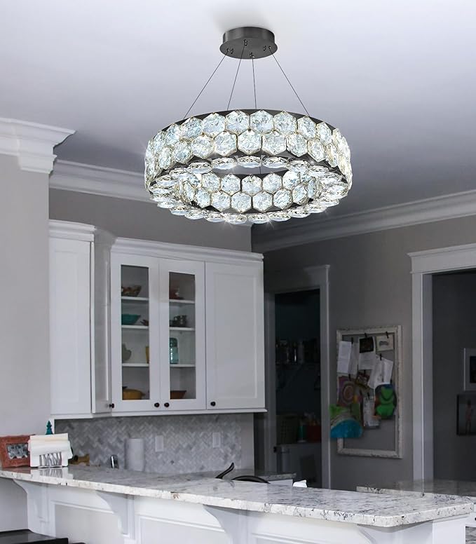 Crystal Chandeliers Modern Rings Pendant Light LED Dimmable Ceiling Light for Bedroom Dinning Room Kitchen Black