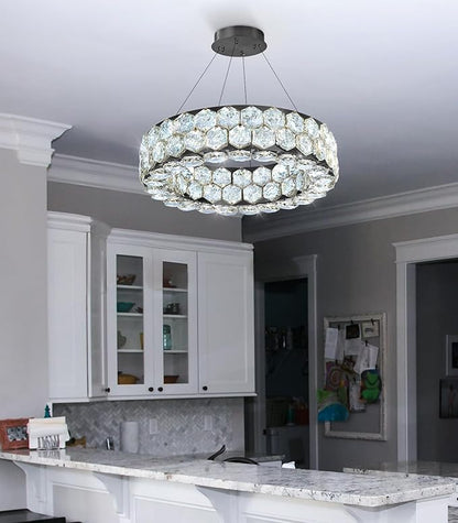 Crystal Chandeliers Modern Rings Pendant Light LED Dimmable Ceiling Light for Bedroom Dinning Room Kitchen Black