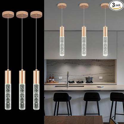 3-Pack Modern Crystal Pendant Light for Kitchen Island, Elegant Gold LED Bubble Hanging Chandelier Lighting Fixture for Dining Room Bedside