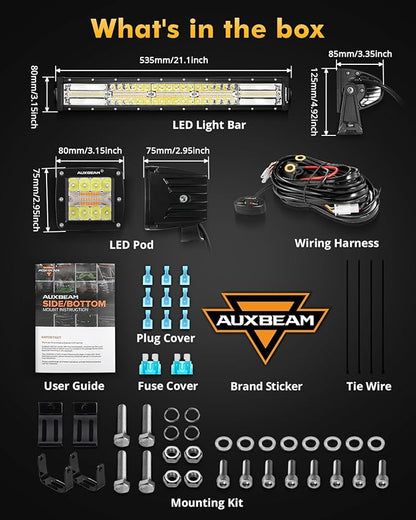 Auxbeam 6 Modes Amber White Series, 22" LED Light Bar with 3" LED Pods Combo Set, Dual Color Flashing Strobe Offroad Lights, Spot Flood Combo Cube Off Road Fog Lights, 3 Packs
