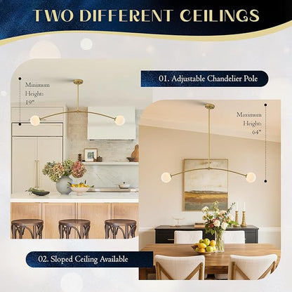Mid Century Chandelier L45” Modern Gold Sputnik Light Fixture 2 Lights Milk Glass Globe Ceiling Pendant Lighting Contemporary for Kitchen Island Dining Room Home Office Bar