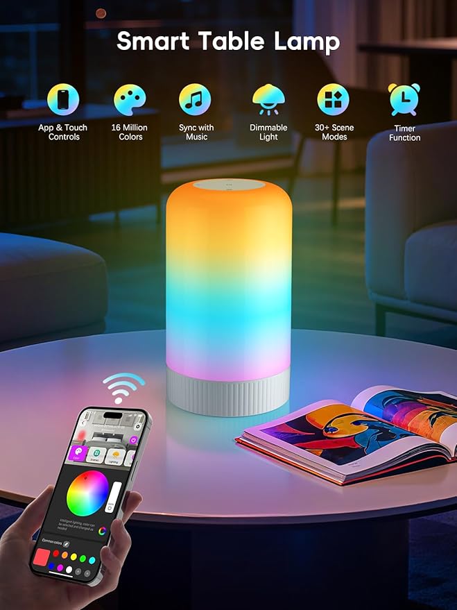 OIYN RGBICWW Smart Table Lamps, Touch Bedside Small Table Lamp, LED Desk Lamp with 30+ Scenes & 16M Colors, App & Touch Control, Color Changing Lamp for Bedroom Living Room Dimmable Night Light, Black