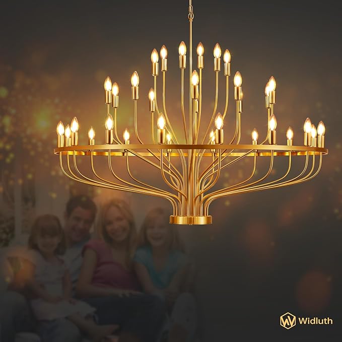 51.2" Modern Large Gold Chandelier Vintage 32-Lights Mid Century Modern Candle Style Chandeliers Light Fixture Vintage Rustic Golden Chandelier for Dining Room, Kitchen, Living Room, E12