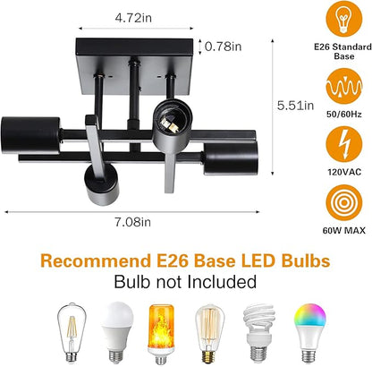 Industrial 4-Light Semi Flush Mount Ceiling Light Fixture, Modern Black Chandelier Lighting, Farmhouse E26 Base Sputnik Ceiling Lamp, 3 Pack