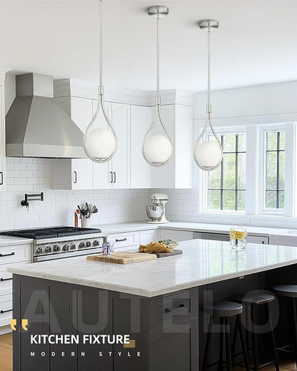 AUTELO Modern Pendant Lights Kitchen Island, 1-Light Pendant Lights in Brushed Nickel Finish with Milky White Globe Glass, Nickel Pendant Light Fixtures, Hanging Lamp for Kitchen Island H9377 MGST