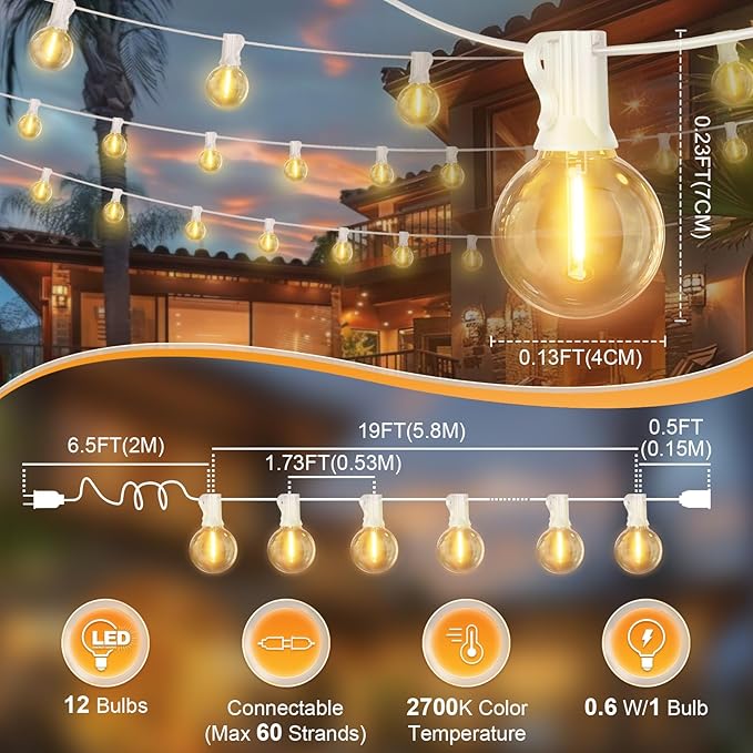 LAMPHOME 26FT Warm White LED Outdoor String Lights, 12+1 Shatterproof G40 Edison Bulbs, UL IP44 Waterproof Connectable Outdoor Hanging Lights for Backyard Porch Garden Deck Balcony Decor