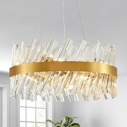 Saint Mossi 19.5” Modern LED Chandeliers for Dining Room, 8-Light Hanging Pendant Lighting Fixture for Living Room, Kitchen Island, Clear Glass Tube with Gold Frame, D19xW19xH19
