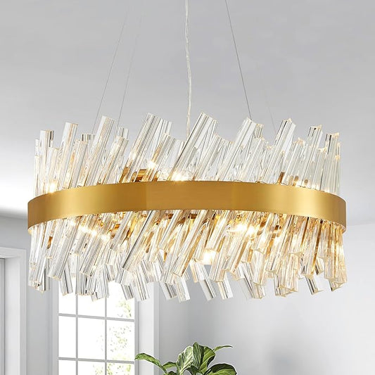 Saint Mossi 19.5” Modern LED Chandeliers for Dining Room, 8-Light Hanging Pendant Lighting Fixture for Living Room, Kitchen Island, Clear Glass Tube with Gold Frame, D19xW19xH19