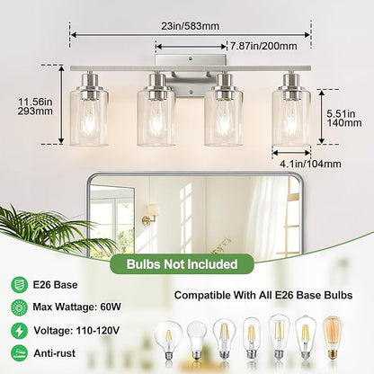 Indoi 4-Light Bathroom Light Fixtures, Brushed Nickel Vanity Lights with Clear Glass Shades, Modern Bathroom Wall Lamp for Mirror Living Room Cabinet Bedroom Porch