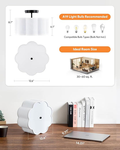 VONLUCE Semi-Flush Mount Ceiling Light, 12.6" Modern 3-Light Ceiling Light Fixture with White Petal-Shaped Shade 3 E26 Sockets for Bedroom Entryway Living Room, Black Finish, ETL Certificated