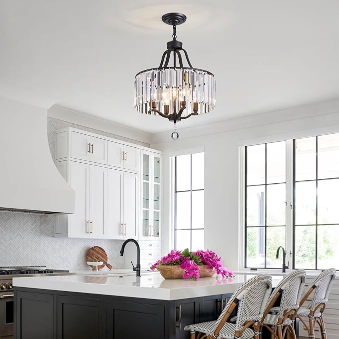 Black Crystal Chandeliers for Dining Room, 4-Light Modern Round Chandeliers 15.7" for Living Room Kitchen Hallway Bedroom Foyer Hall, Adjustable Height Hanging Light Fixture