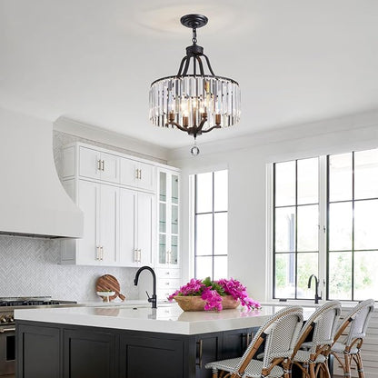 Black Crystal Chandeliers for Dining Room, 4-Light Modern Round Chandeliers 15.7" for Living Room Kitchen Hallway Bedroom Foyer Hall, Adjustable Height Hanging Light Fixture