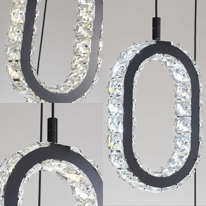 Crystal Rings Chandelier for Living Room, Dimmable Led Black Crystal Ring Chandelier High Ceiling 5-Light Oval Ring Pendant Light for Dining,Hallway, Entryway,Bedroom