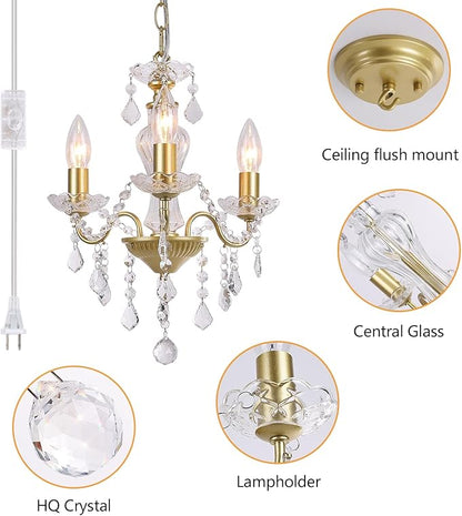 Plug in Modern 3-Light Gold Chandelier with Glass Crystals, Candle Style Pendant Light Fixtures for Living Room, Girls Room, Kitchen Island, Entryway