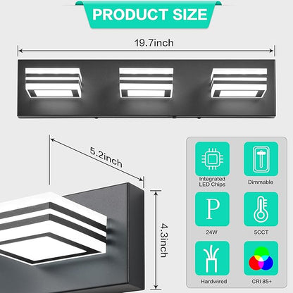 SOLFART LED Bathroom Vanity Light Fixtures： 3 Light Matte Black Modern Acrylic Bathroom Wall Lighting Fixtures Over Mirror 5CCT