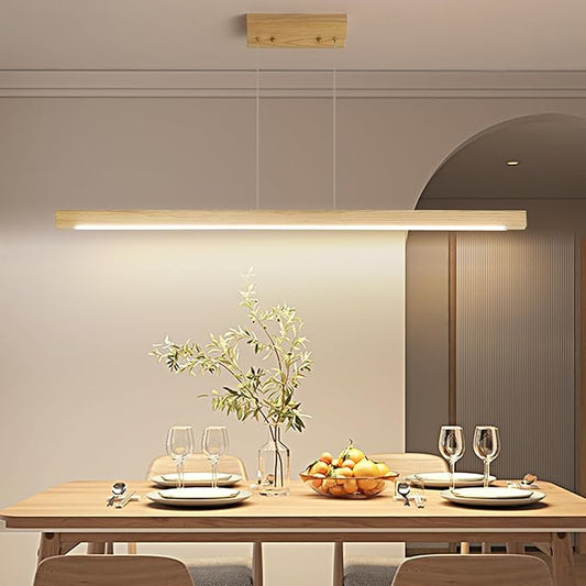 Modern Wooden Pendant Light, 39IN White Ash Wood Chandelier with Remote Control 3000k-6500K Adjustable Color Temperature，Aluminum Island Lighting Lamp for Dining Room, Living Room A