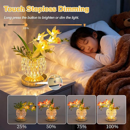 Flower Table Lamp, 3-Color Touch Dimming Orchid Glass Night Light, Rechargeable Artificial Flower Light, Desktop Ambient Light Romantic Gifts for Girls Women Mom (Purple-Ivory Orchid)