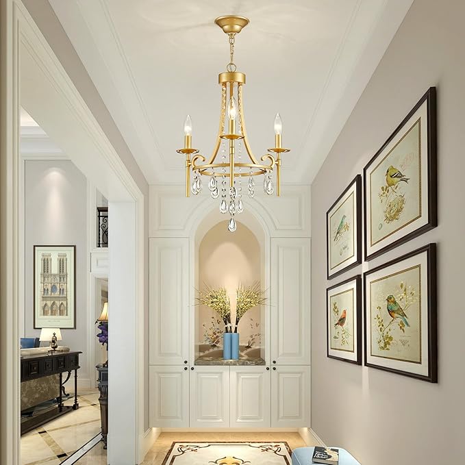 Small Crystal Chandelier, 3-Lights Modern Crystal Chandeliers for Dinning Room, Wagon Wheel Gold Chandelier, Farmhouse Hanging Pendant Light Fixture for Bedroom Hallway Entryway Bar Kitchen Bathroom