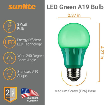 Sunlite 80146 LED A19 Colored Light Bulb, 3 Watts (25w Equivalent), E26 Medium Base, Non-Dimmable, UL Listed, Party Decoration, Holiday Lighting, 1 Count, Green (Pack of 2)