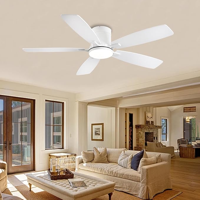 Ayaoty Ceiling Fans with Lights, 52 inch Low Profile Ceiling Fan with Light and Remote Control, Flush Mount, Reversible Motor, Dimmable, Noiseless, White Ceiling Fan for Bedroom, Indoor/Outdoor Use