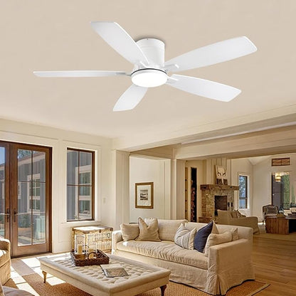 Ayaoty Ceiling Fans with Lights, 52 inch Low Profile Ceiling Fan with Light and Remote Control, Flush Mount, Reversible Motor, Dimmable, Noiseless, White Ceiling Fan for Bedroom, Indoor/Outdoor Use